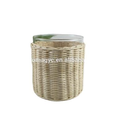 China China tealight holders glass with rattan crafts weaving glass candle holder for sale