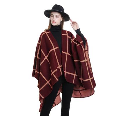 China Wholesale Hot Selling Thick Poncho Cape Plaid Scarf Women Winter Polyester Acrylic Shawls Stoles for sale