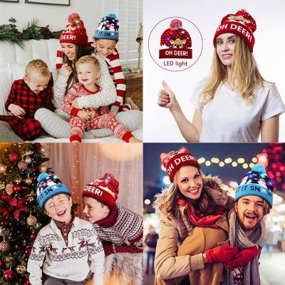 China COMMON 2022 New Year LED Knitted Christmas Beanie Light Up Warm Hat For Kid Adults for sale