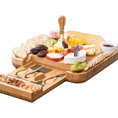 China Sustainable bamboo cheese board set with cutlery in slide-out drawer including 4 stainless steel for sale