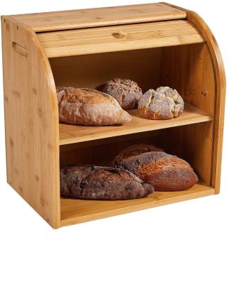 China Freshness Preservation Double Layers Bread Box Large For Kitchen Countertop Large Capacity Bread Food Bamboo Wooden Storage Bin for sale