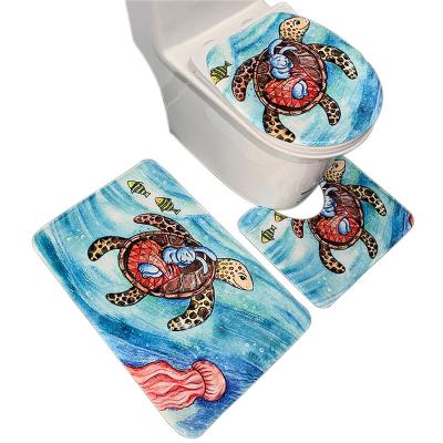 China Design Print Washable Sea Flano Fabric Bathroom Cover PVC TRP Soft Hot Melt Backing 3 Piece Set Toilet Seat Cover Non-Slip Mat for sale