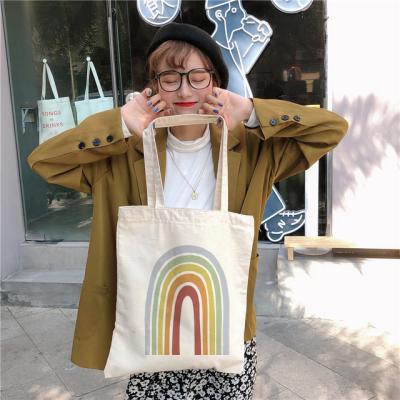 China Women's Shoulder Lady Reusable Large Capacity Tote Student Book Rainbow Cotton Casual Canvas Bag Eco-friendly for sale