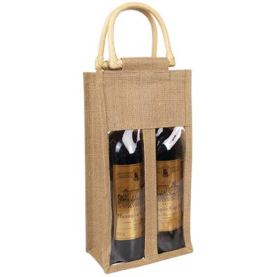 China High Quality Eco-friendly Jute Burlap Wine Gift Wrapping Handle Bottle Packing Bag With Window for sale