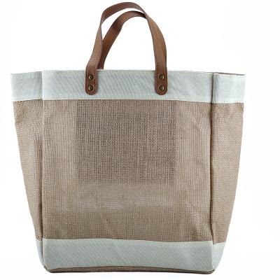 China Large Tote Burlap Jute Bag Heavy Duty Jute Shoppig Bag With Eco-friendly Organic Reusable Leather Handle for sale