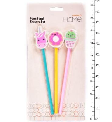 China Office Eraser Hot Selling Unicorn, Smiley Donut and Cactus Shape Eraser and Pencil Set for sale