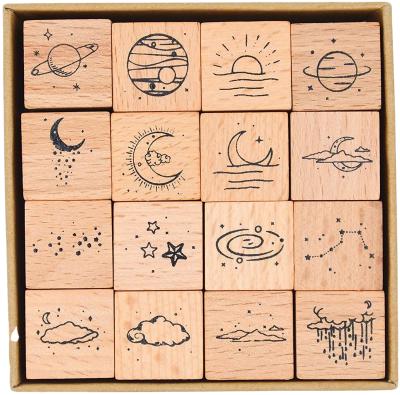 China Desktop 16 Pieces of Moon&Star Wooden Rubber Stamp Sets for for Card Making, Scrap Booking for sale