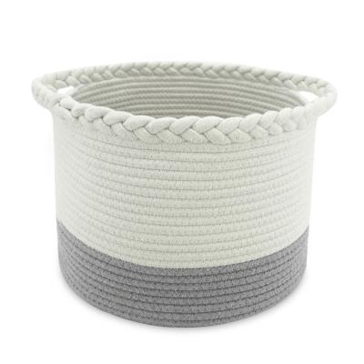 China Customized Sustainable Gray Round Cotton Rope Basket Baskets Cotton Rope Storage Basket With Woven Handles for sale