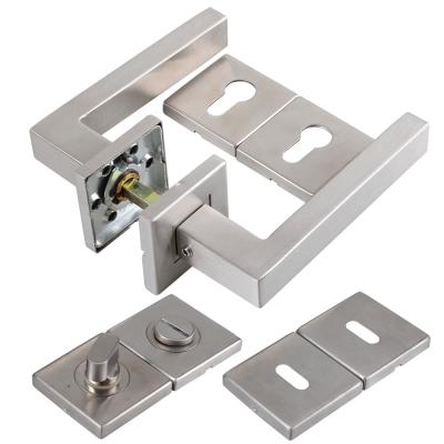 China Square cover bathroom bedroom door 201 304 stainless steel square tube lever door handles lock set with cylinder/key/WC square escutcheon for sale