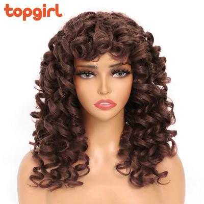 China Afro Wig 18 Inch Curly Wig With Bangs Long Blonde Afro Natural Wavy Red Brown Synthetic Hair Glueless Curly Cosplay Wigs For Black Women for sale