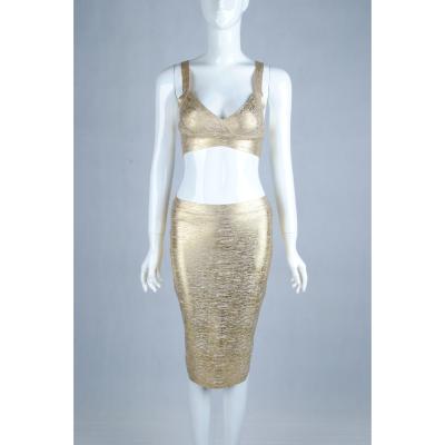 China Halter Neck Gold Foil Bandage Dress Two Piece For Cocktail / Club for sale