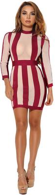 China Mesh Wine Red Bandage Dress Long Sleeve , Long Sleeve Tight Dresses Vertical Stripe for sale