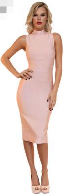 China High Neck Bandage Dress Pink , Womens Maxi Dresses Anti - Wrinkle for sale