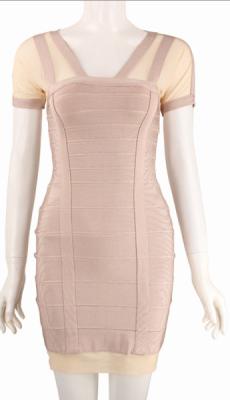 China Mini Sexy Nude Short Sleeve Bandage Dress Lace For Evening / Formal for sale