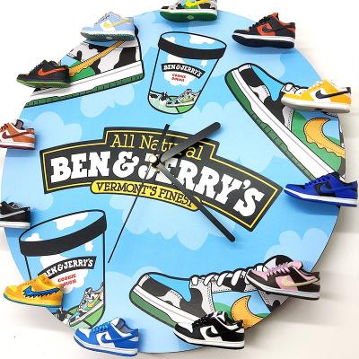 China LUMINOVA New Design Boys Basketball Sports Decoration Mini AJ Sneaker Creative Home Bedroom 3D Yeezy Pattern Dip Shoes Wooden Wall Clocks for sale