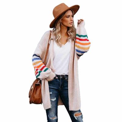 China OTHER 2021 Wholesale Women White Striped Balloon Sleeve Knit Sweaters Long Cardigan for sale