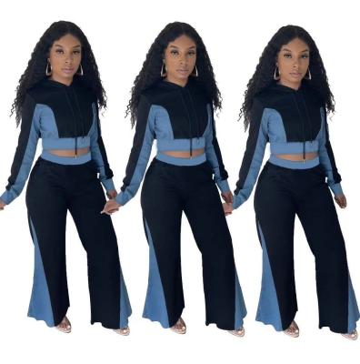 China C&Y fashion patchwork sweatsuit 2022 chic anti-static hood women 2 piece bell bottom pants suit set slim fit casual style for sale