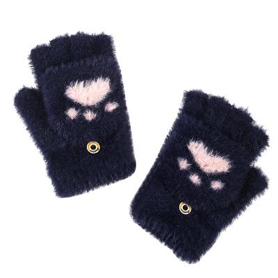 China Wholesale Winter Mink Velvet Cartoon Imitation Cute Non-shedding Bear Claw Knitted Half-finger Clamshell Gloves One Size for sale