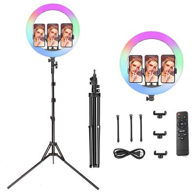 China Amazon 14 Inch Dimmable Desktop Beauty Adjustable Selfie RGB Ring Light With Multi Color 1.7M Tripod Stand zu verkaufen