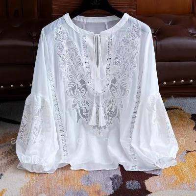 China 100% whole sleeve cotton anti-pilling cotton beauty fashion women clothing embroidery premium shirt office tops blouses for sale