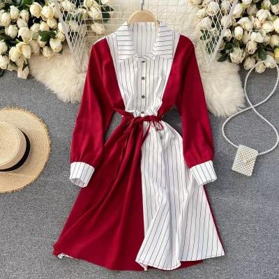 China Sash OL work lace up a-line dress 2021 new spring summer spring print patchwork long sleeve shirt dress women washable striped casual buttons for sale