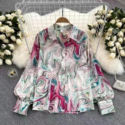 China Autumn Temperament Fashion Retro Floral Blouses Breathable Spring Chiffon Print Loose Lapel Puff Sleeve Top GD611 Button Up Shirt Female for sale