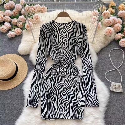 China anti-wrinkle Bodycon sexy neckline zebra stripes casual dress dresses Autumn Winter Clothing Vestidos femme 2021 Mini Dress Long Sleeve Slim for sale