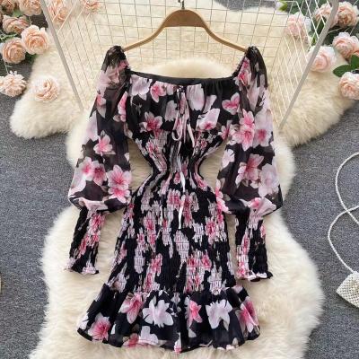 China SINGREINY Breathable Chiffon Ruffled Women Dress Summer 2022 Square Neck Lantern Sleeves Ruched Ladies Flola A Line Elegant Midi Dresses for sale