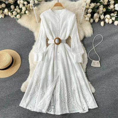 China Breathable Elegant Long Sleeve Hollow Dress With Belt for sale