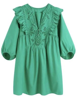 China Leisure Anti-static Fashion Layared Decorative Eyelet Embroiders Bishop Sleeve Ruffle Trim Dress for sale