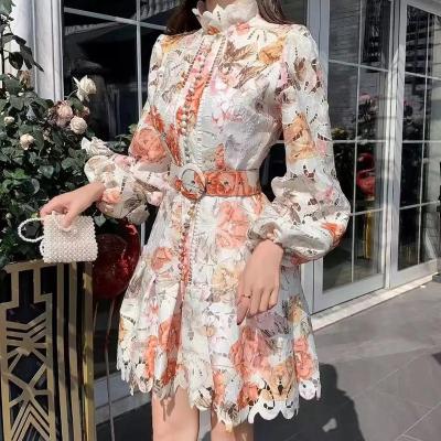 China Anti-Static Hollow-out Collar Floral Bubble Backing Autumn Winter Lace Long Sleeve Dress OEM Classy Church Dresses (With Belt) Open Sheath for sale