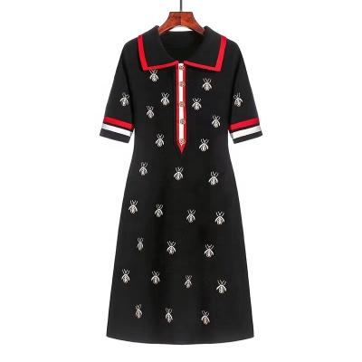 China 2022 Spring Washable Summer Knit Cartoon Embroidered Dress Woman Plus Size Black Straight Knee-Length Casual Dresses Female for sale