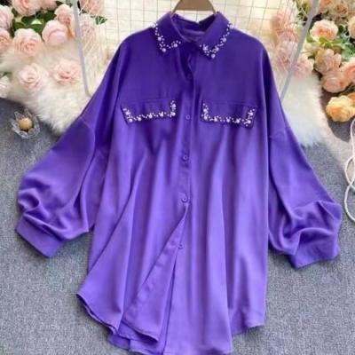 China 2021 New Solid Color Blusa Loose Mid Length Shirt C658 Anti-Wrinkle Spring Temperament Female Casual Beaded Lapel Blouse for sale