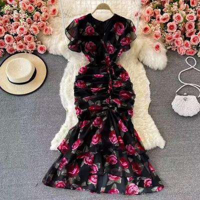 China Women Washable Summer Vintage Floral Print Chiffon French Dresses For Women Ruched Ruffles Patchwork Party Dress Dresses Vestidos for sale