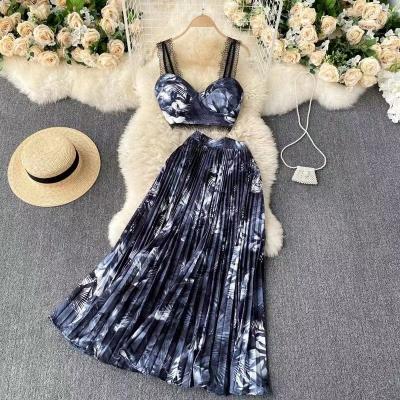 China new Anti-wrinkle cotton high waist two piece set dresses backless pleated dress printed 7647 for sale