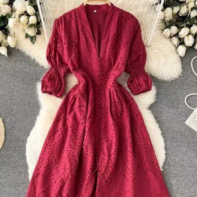 China Famale Summer 2022Hollowed V-Neckline Breathable Sheathed Flared Long French Going Out Beach Dress Elastic Waist Ladies Romantic Dress for sale