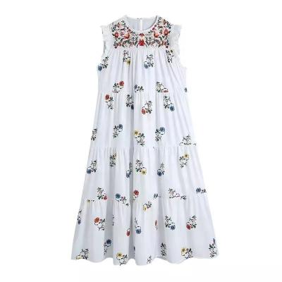 China Anti-wrinkle Spring Women Embroidery Loose Midi Dress With Big Swing Skirt Floral Print Ruffle Edge Shirt Dress for sale