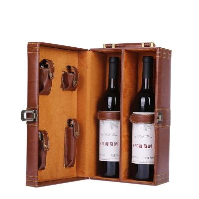 China Food Custom Design One Luxury Handmade Glass Bottle Two Pack Vintage PU Leather Wine Box for sale