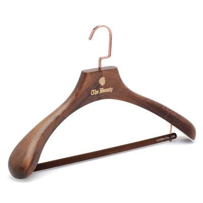 China Contoured High Quality Luxury Square Hook Dark Antique Wood Suit Hanger With Bar for sale