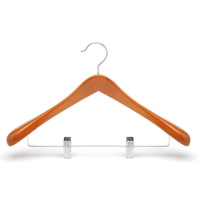 China Cherry Wooden Deavy Duty Suit Modern Luxury Custom Wide Shoulders Hangers With Clip for sale