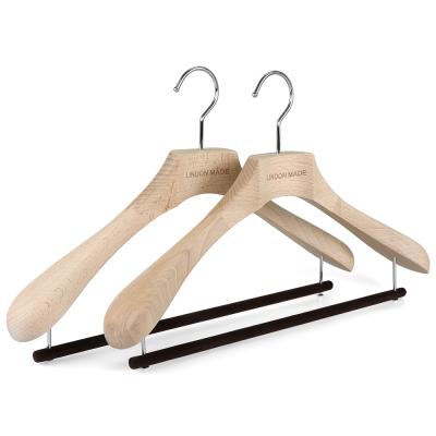 China LINDON Modern Custom Premium Unfinished Heavy Duty Wooden Hangers with Non Slip Velvet Bar for Coat and Suit for sale