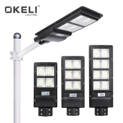 China Human Motion Sensor Ip65 Waterproof 90w 200w 300w ABS Sensor OKELI Integrated All In One Solar Led Street Light for sale