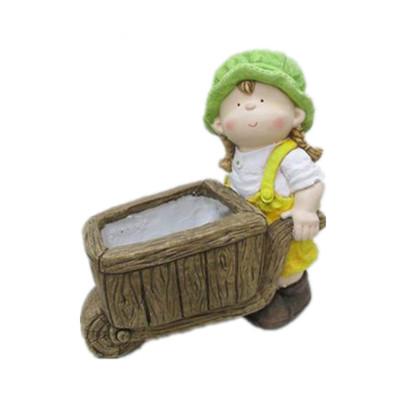 China Large Size Garden Flower Pot Cute Pastoral Little Girl Figurine Decorated Carriage Shape Plant Pot for sale