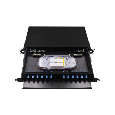 China FTTH FTTB FTTX Network Wall / Rack Mounted 12 Core Terminal Box 1U 12 19inch Left Pull Out Fiber Optic Patch Panel for sale