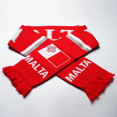 China Long Malta Flag Design Factory Directly Supply High Quality 100% Acrylic Double Sides Knitting Jacquard Soccer Scarf for sale