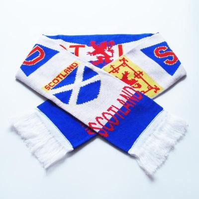 China Scotland Flag Design Low Price 100% Long Knitted Jacquard Football Sport Scarf Acrylic Double Sides for sale