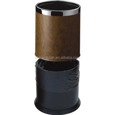 China Sustainable 10L Round Double Layers Brown Leather Waste Paper Bin for sale