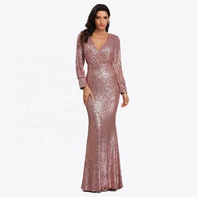 China Long Sleeve Breathable V-Neckline Elegant Prom Dress Women's Sequins Maxi Mermaid Evening Dress Holiday Party Gold Wedding Dress for sale