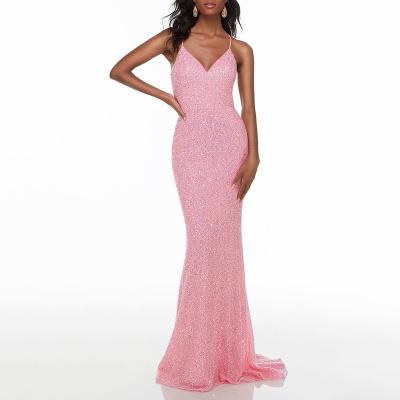 China 2022 New Breathable Sexy Strap Sequined Mermaid Evening Dresses Long Spaghetti V-Neckline Dresses Graduation Prom Backless Dress for sale