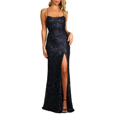 China Breathable Women's Sexy Spaghetti Tie Backless Maxi Dress Sleeveless Sequin Dress Navy Blue Even Long Dress for sale